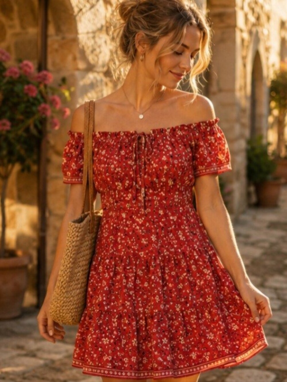 Max Studio Red Floral Off Shoulder Mini Dress Small Boho Ruffle Summer Sundress